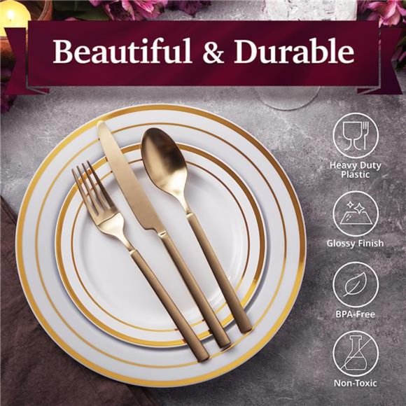 Cutlery Kingdom 60 Plastic Plates Disposable with White & Gold Rim - 30 Plates - Picture 4 of 7